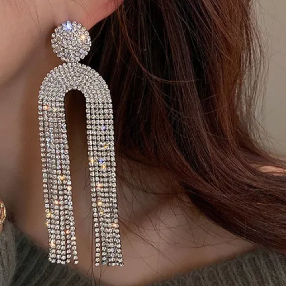 Tassels Bling Rhinestone Earrings Fringe Dangle Dramatic Club Holiday Party